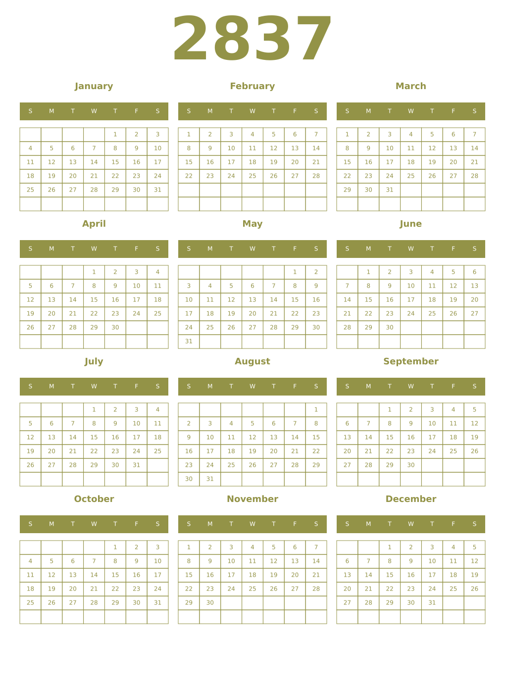 Printable 2837 Year Calendars eburnean
