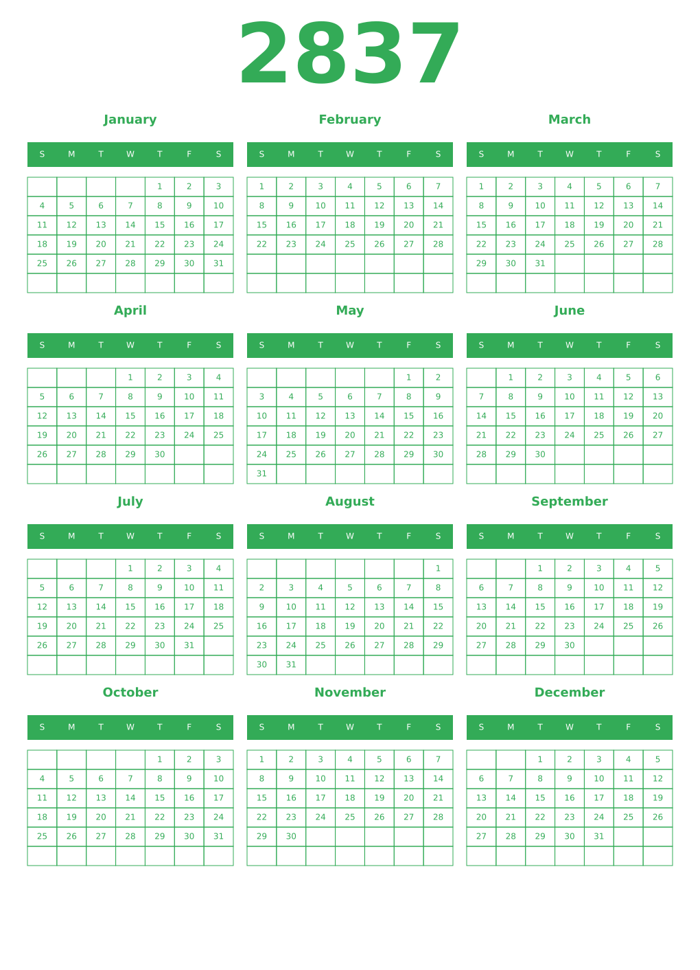 Printable 2837 Year Calendars green