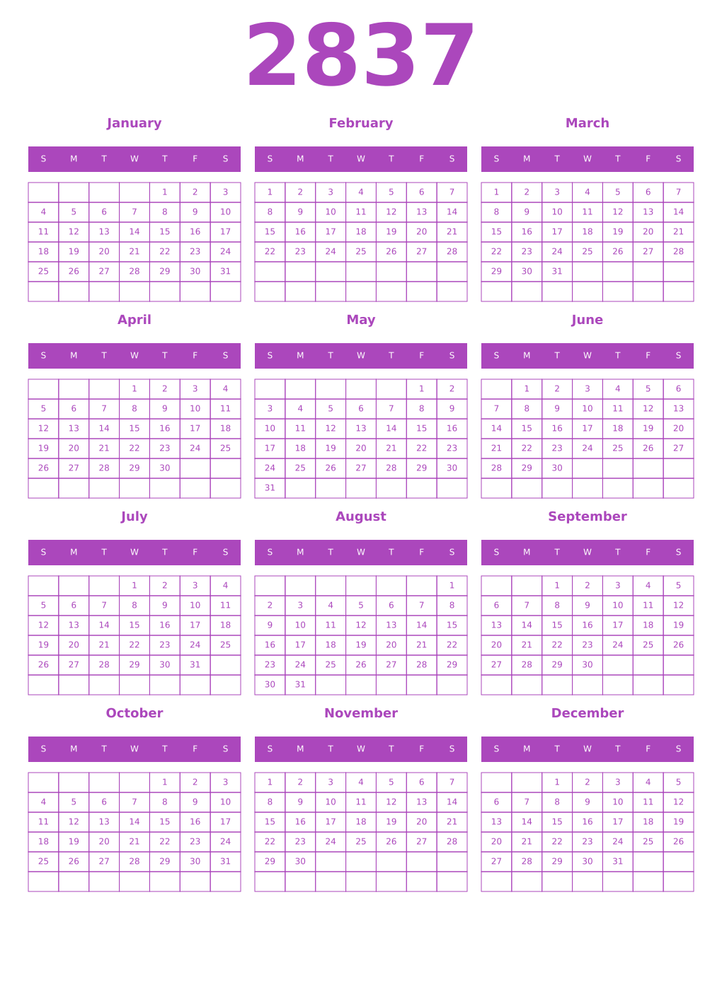 Printable 2837 Year Calendars purple