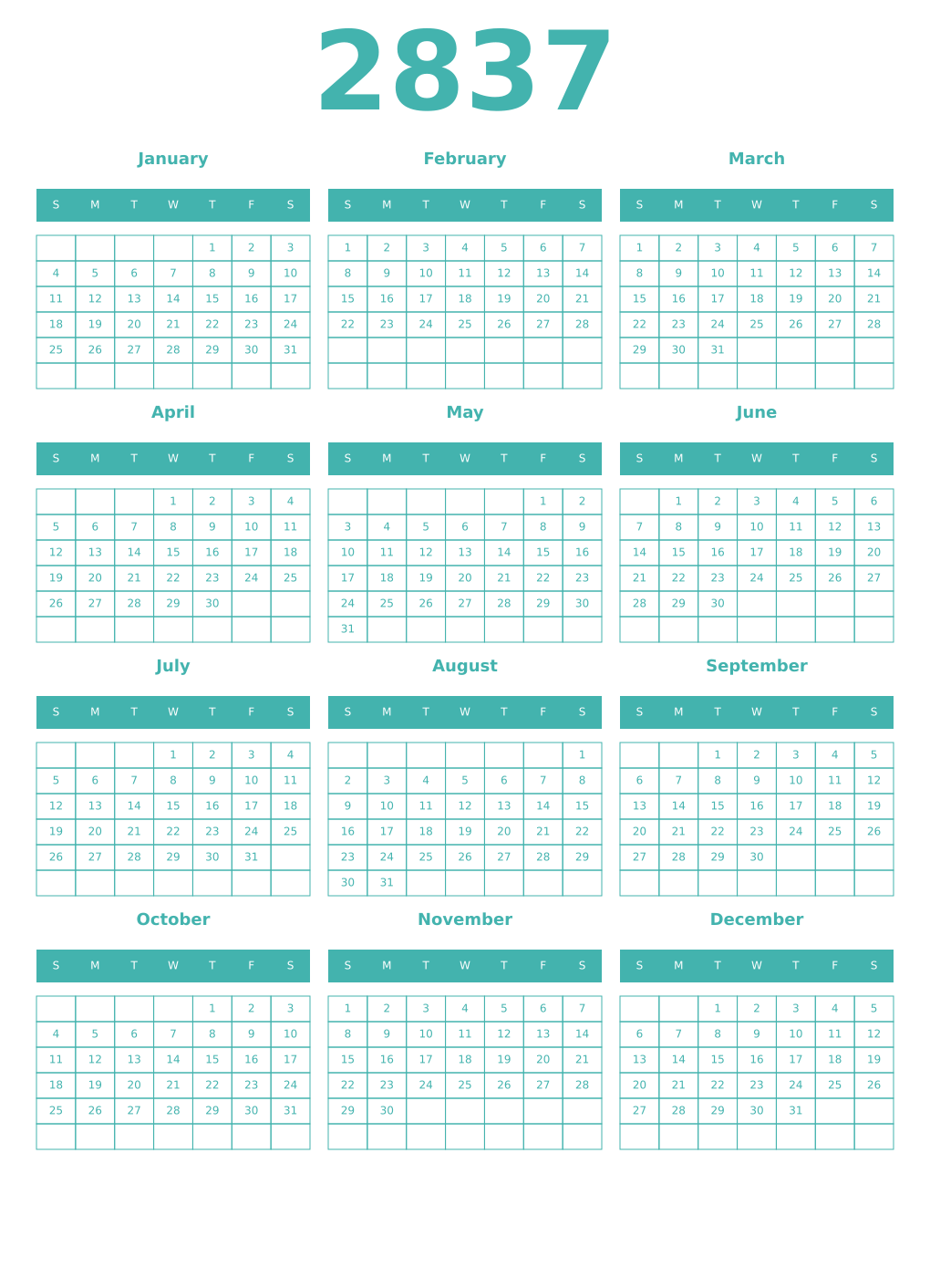 Printable 2837 Year Calendars verdigris