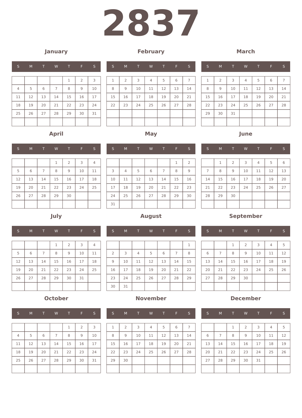 Printable 2837 Year Calendars wenge