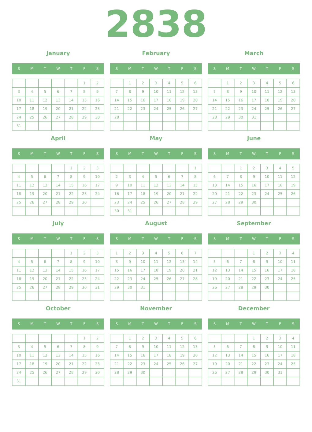 Printable 2838 Year Calendars celadon