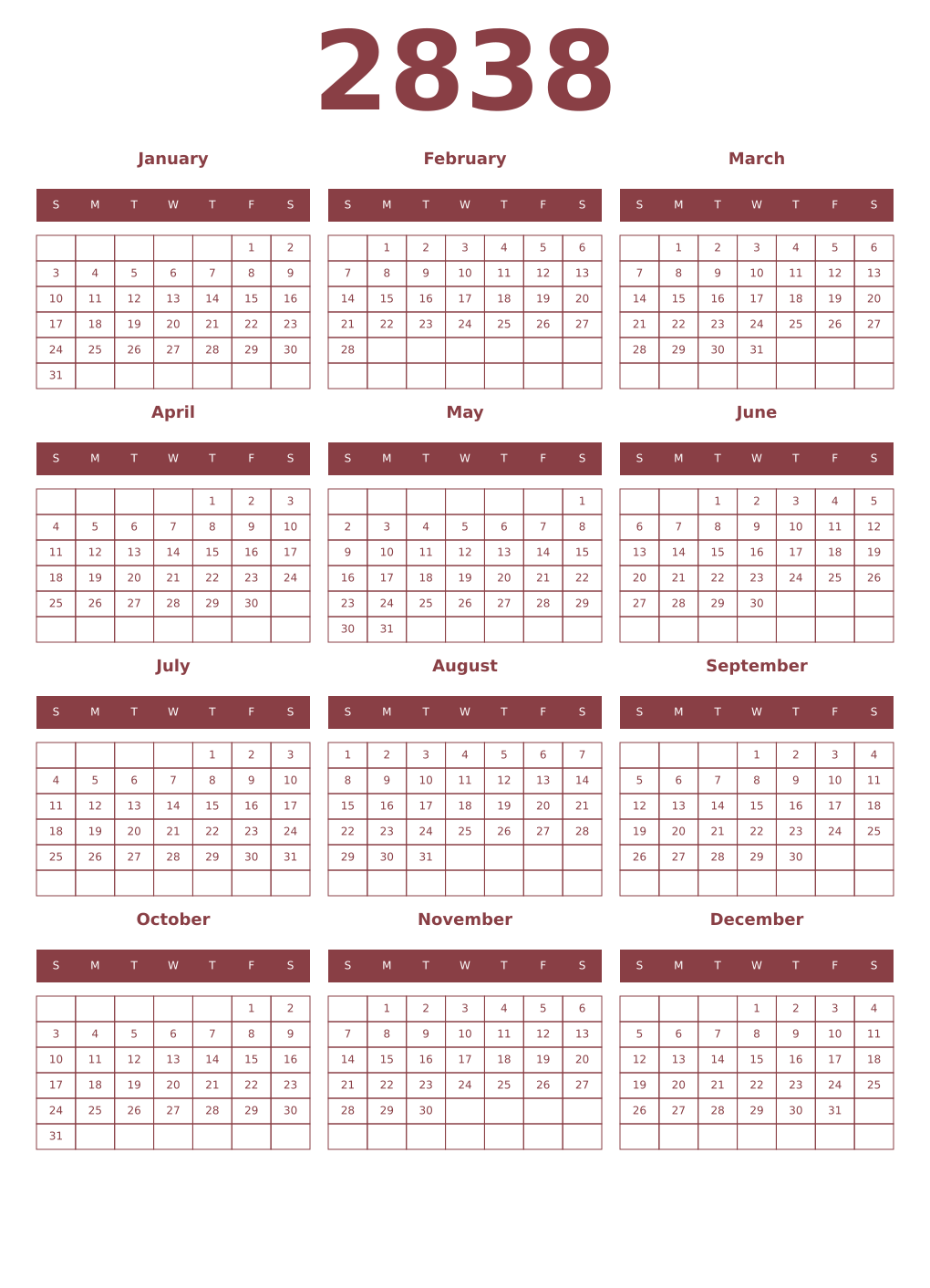 Printable 2838 Year Calendars cordovan