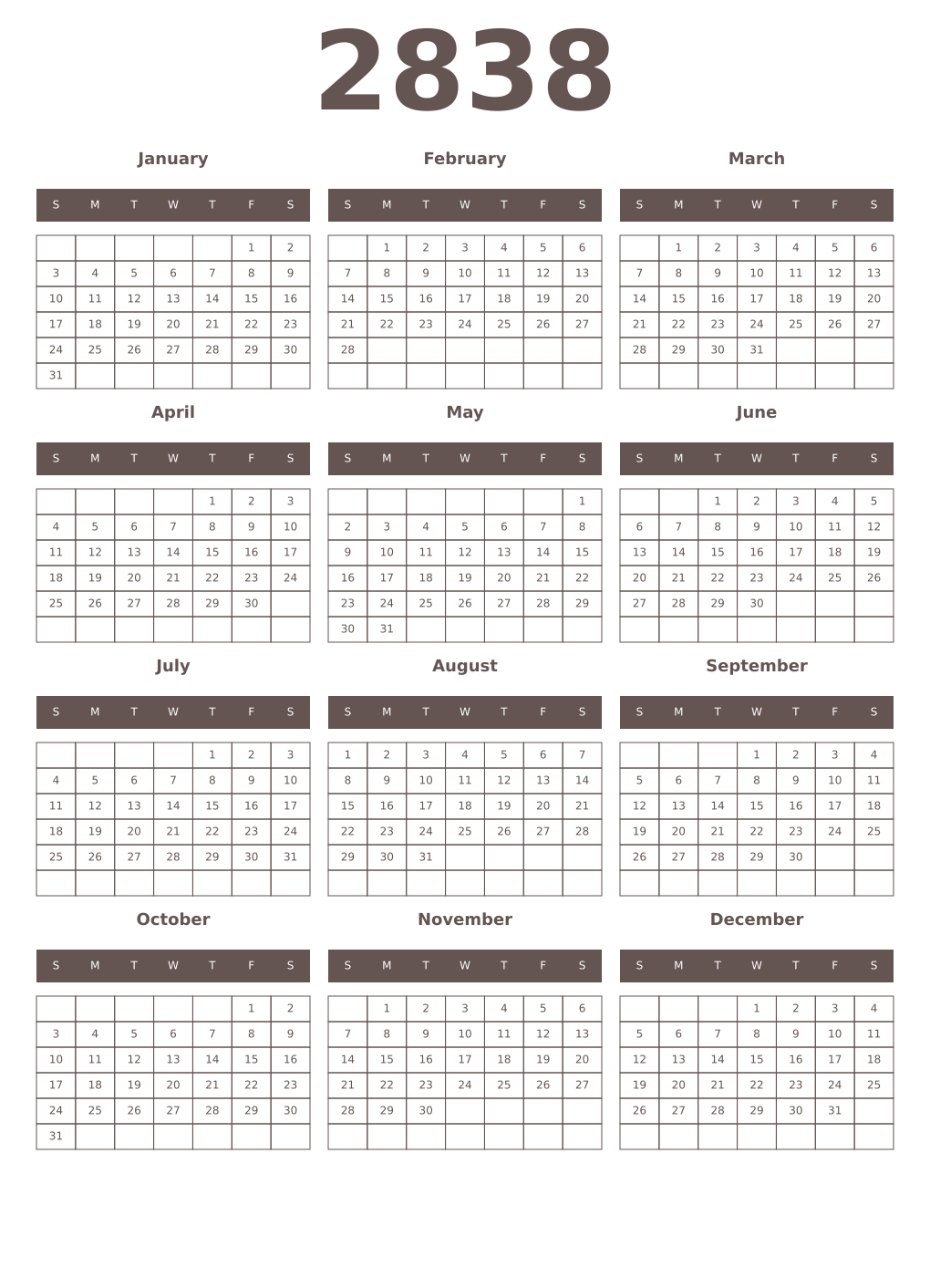 Printable 2838 Year Calendars wenge