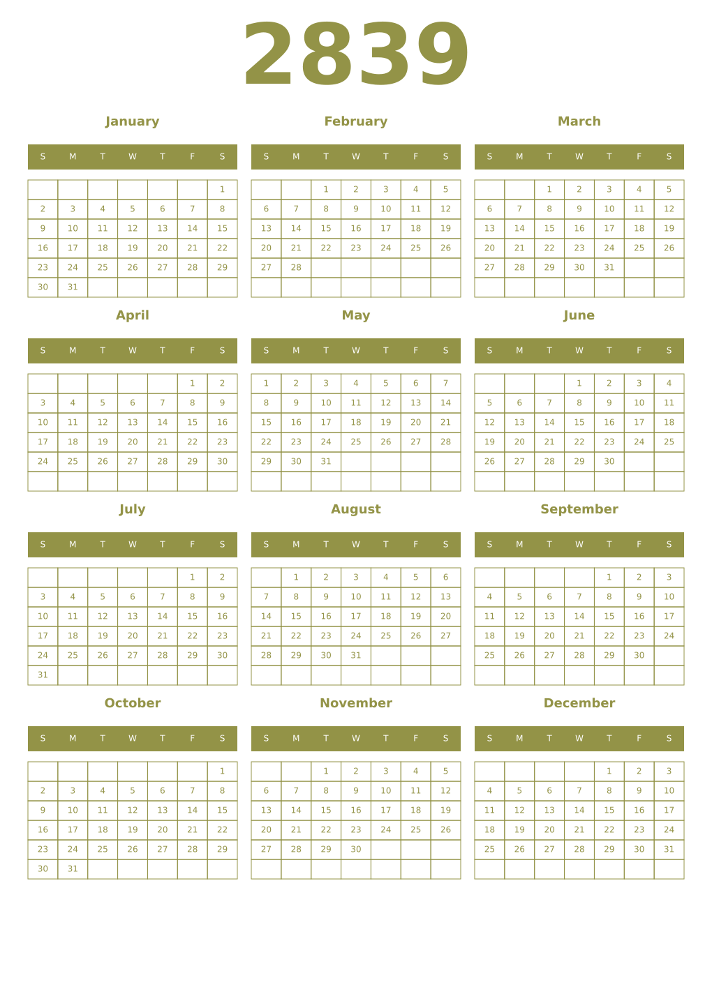 Printable 2839 Year Calendars eburnean