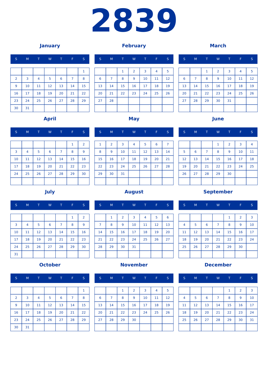 Printable 2839 Year Calendars smalt