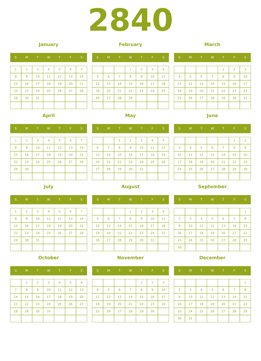 Printable 2840 Year Calendars chartreuse