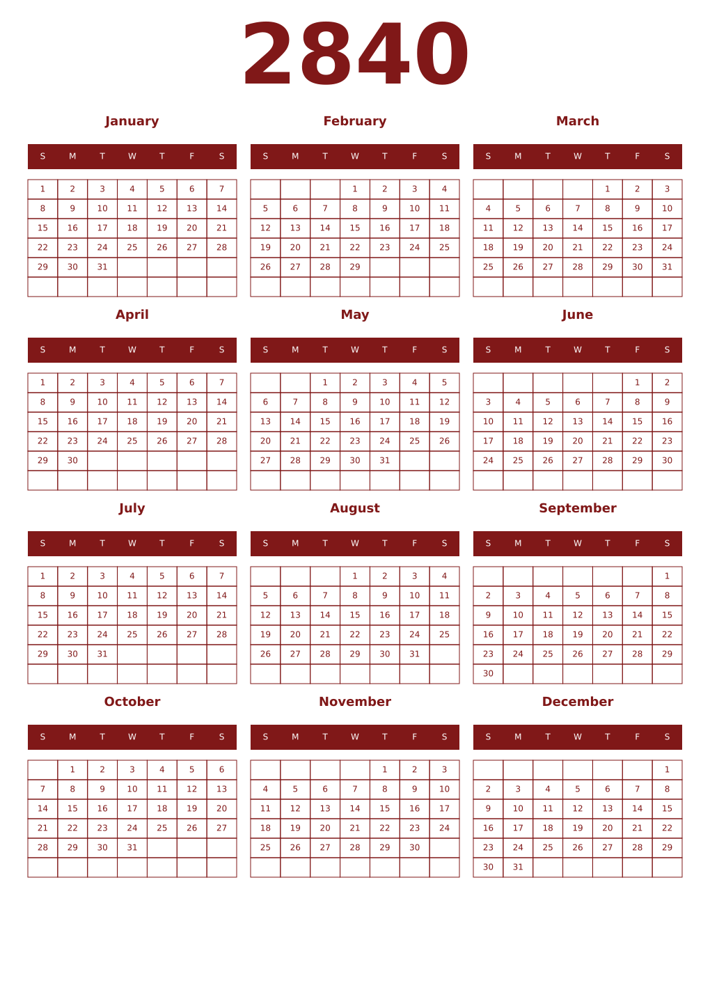 Printable 2840 Year Calendars falu