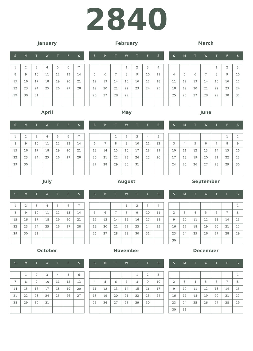 Printable 2840 Year Calendars feldgrau