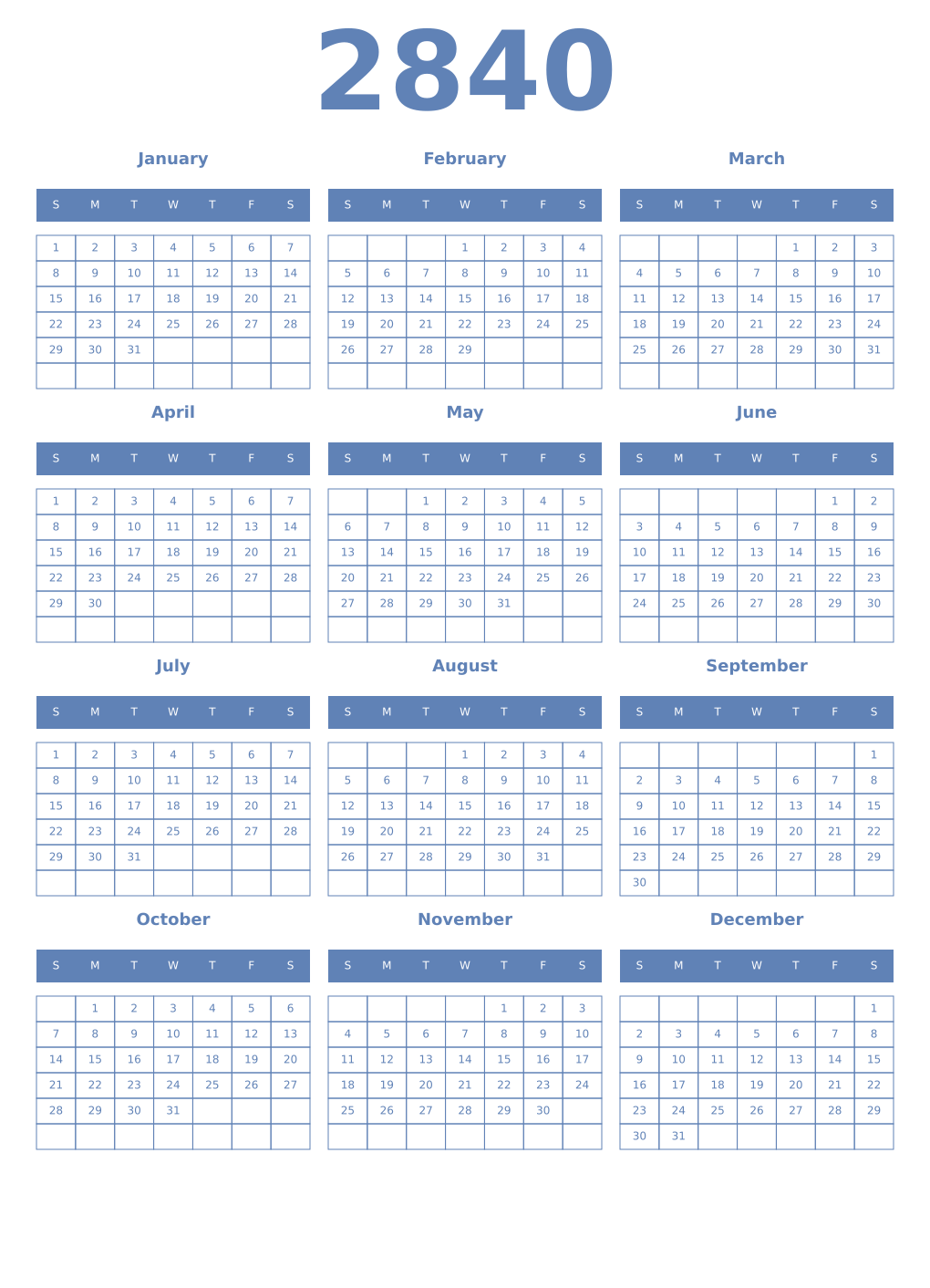 Printable 2840 Year Calendars glaucous