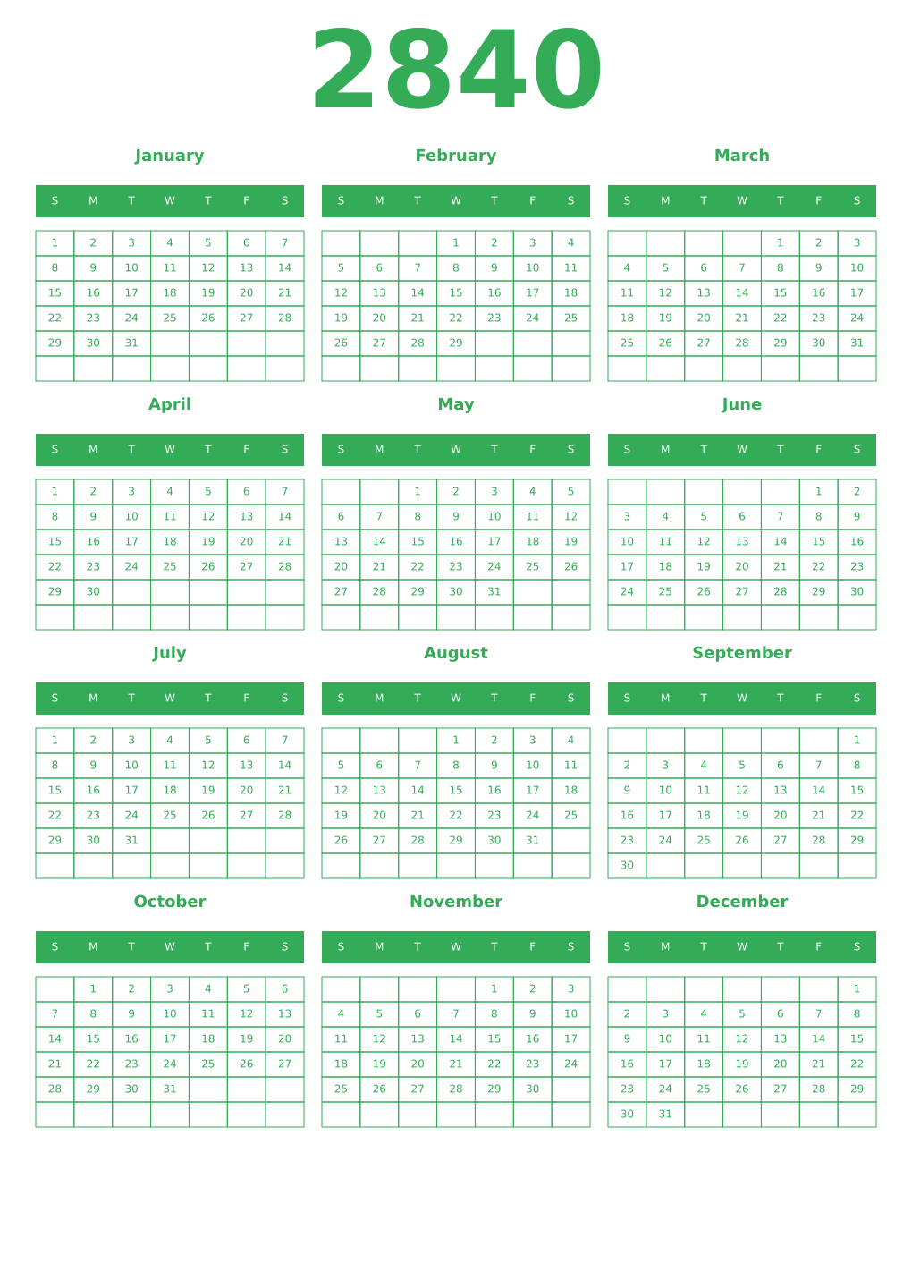 Printable 2840 Year Calendars green