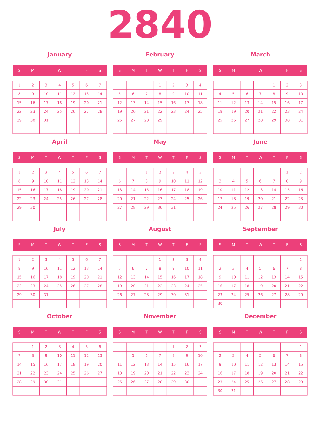 Printable 2840 Year Calendars pink