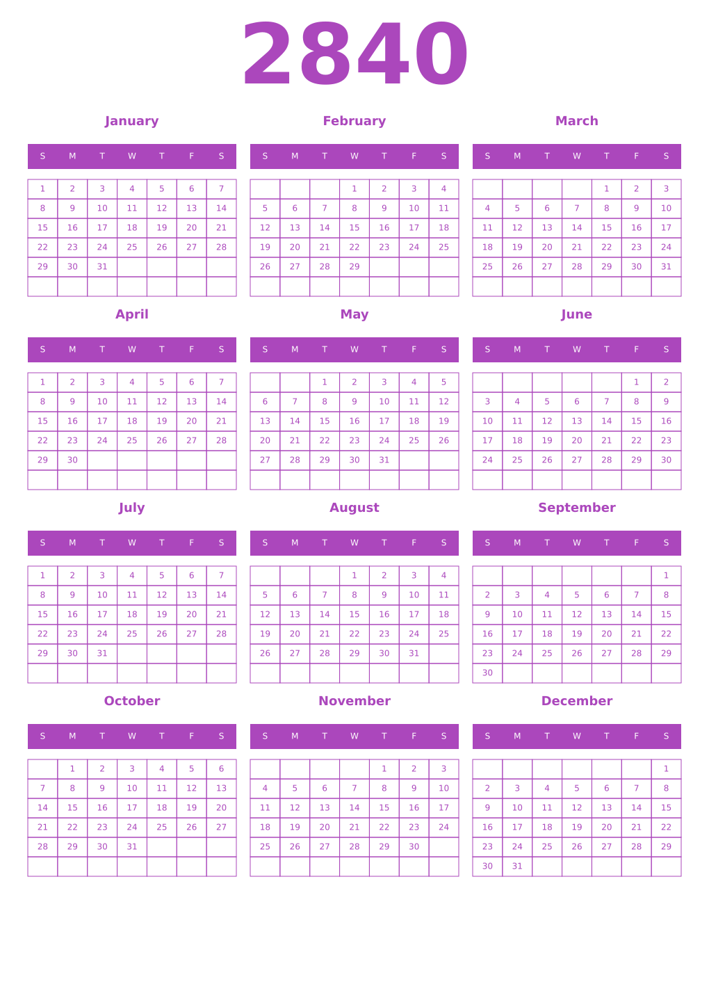 Printable 2840 Year Calendars purple