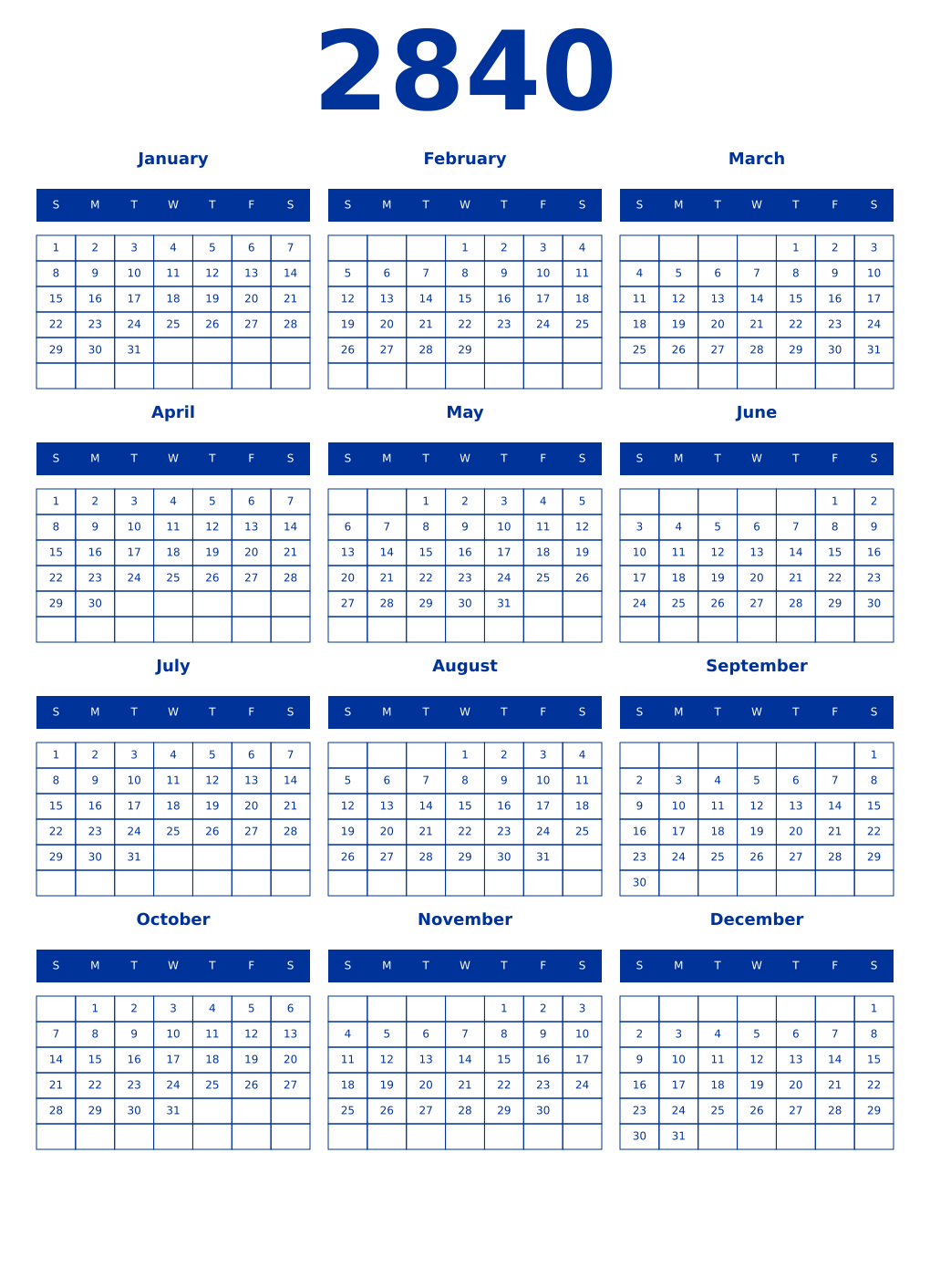 Printable 2840 Year Calendars smalt