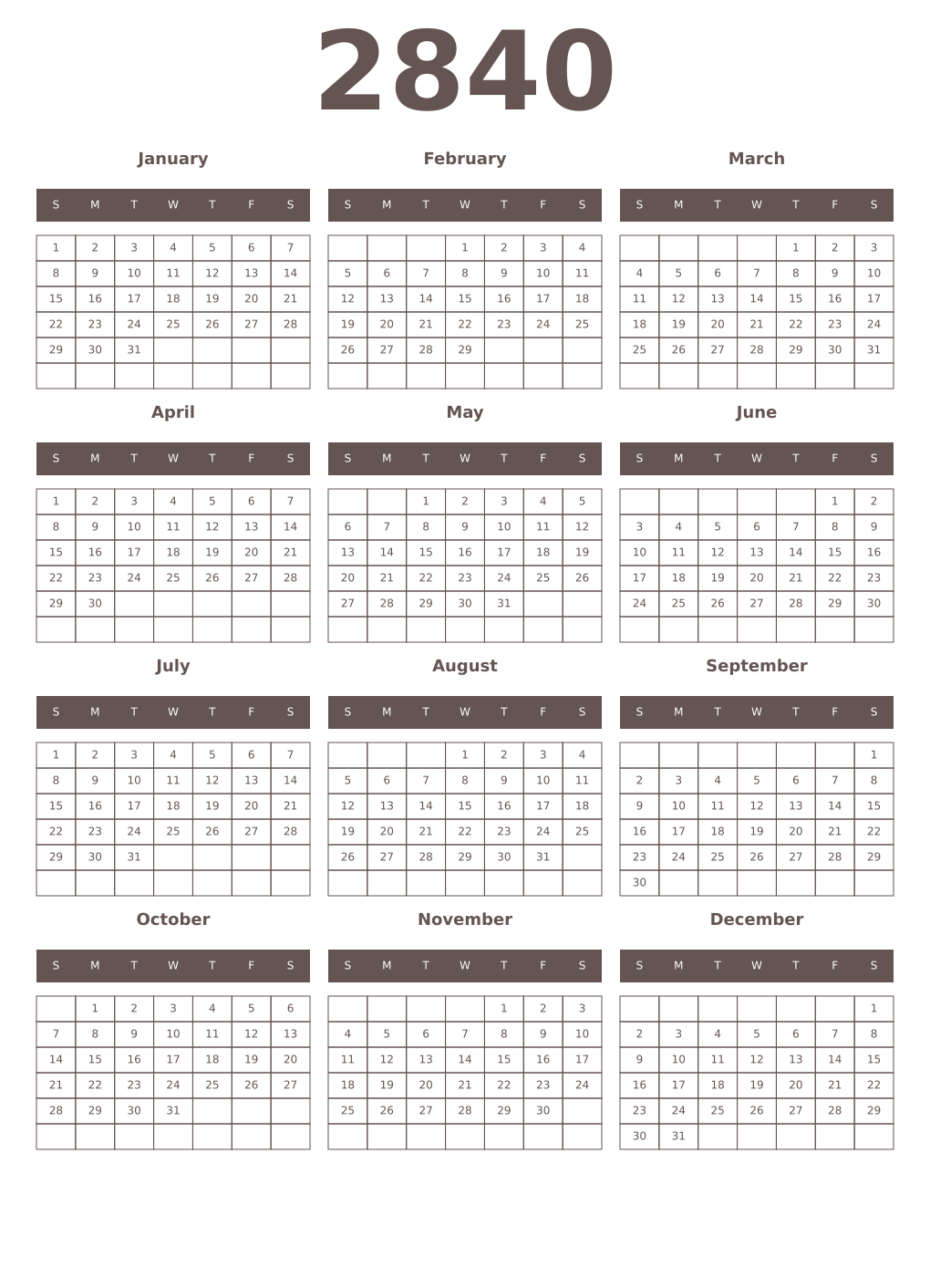 Printable 2840 Year Calendars wenge