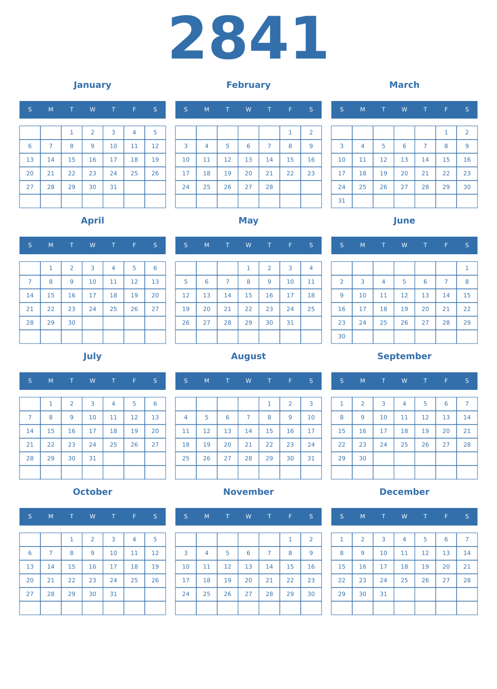 Printable 2841 Year Calendars blue