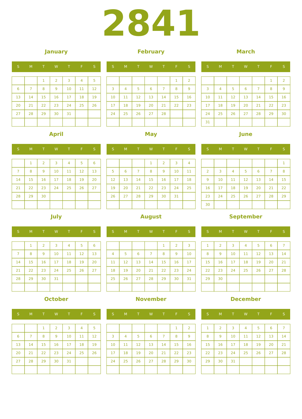 Printable 2841 Year Calendars chartreuse