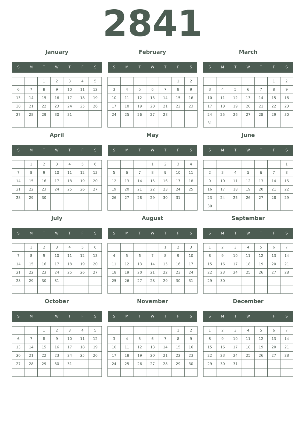 Printable 2841 Year Calendars feldgrau