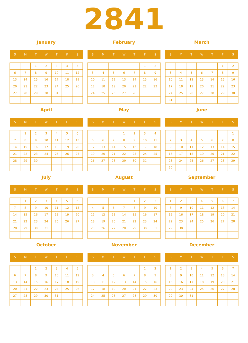 Printable 2841 Year Calendars gamboge