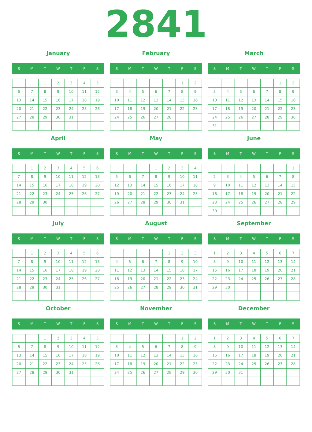 Printable 2841 Year Calendars green