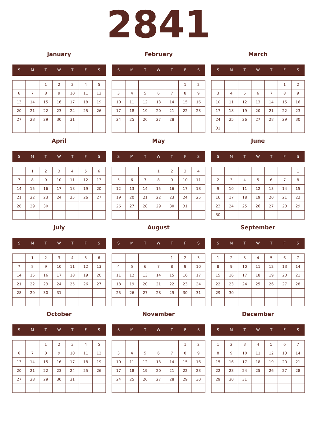 Printable 2841 Year Calendars mortuum