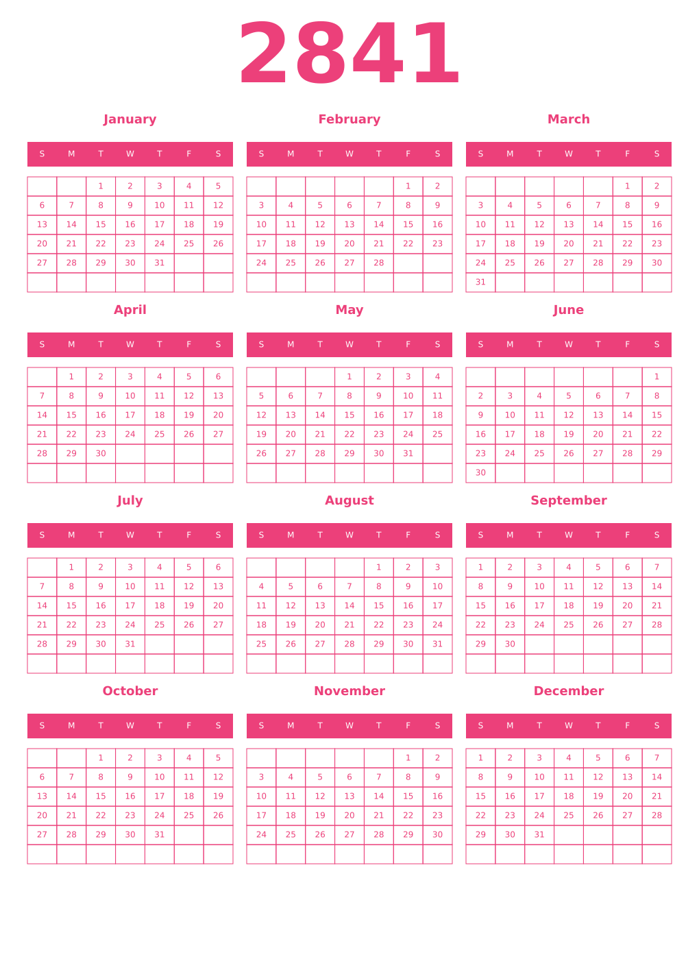 Printable 2841 Year Calendars pink