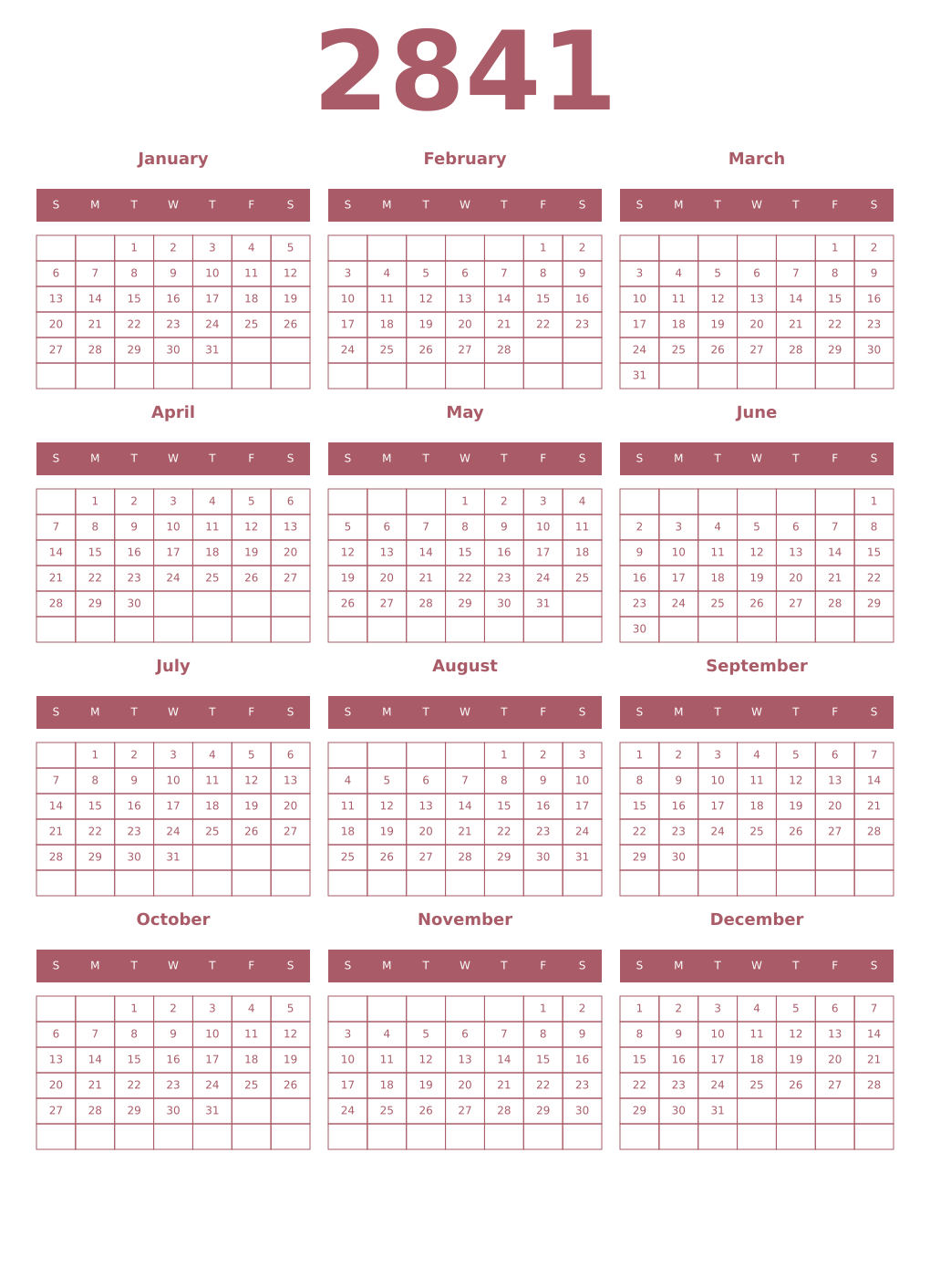 Printable 2841 Year Calendars puce