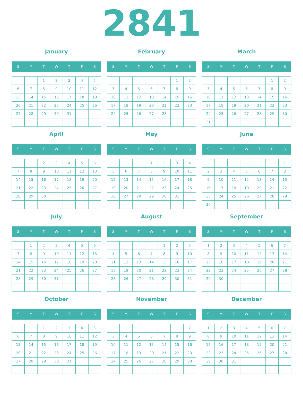 Printable 2841 Year Calendars verdigris