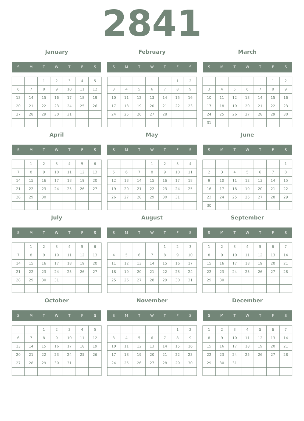 Printable 2841 Year Calendars xanadu