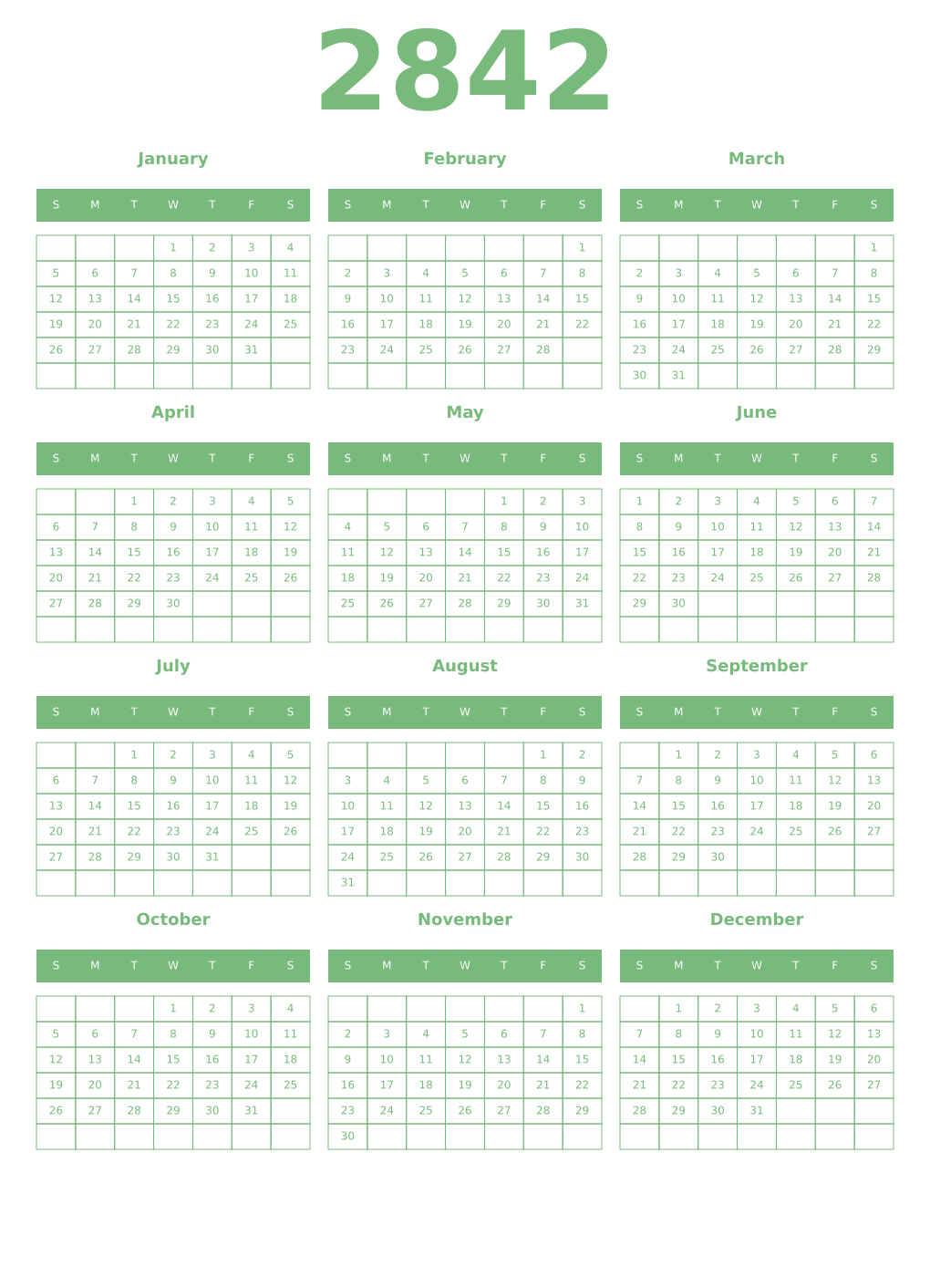 Printable 2842 Year Calendars celadon