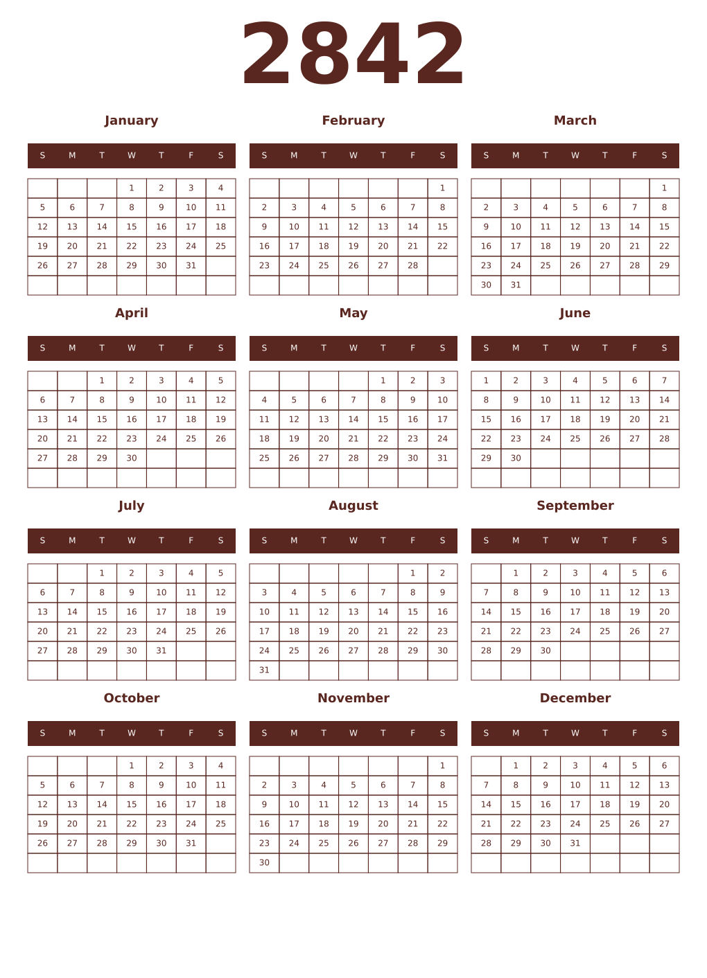 Printable 2842 Year Calendars mortuum
