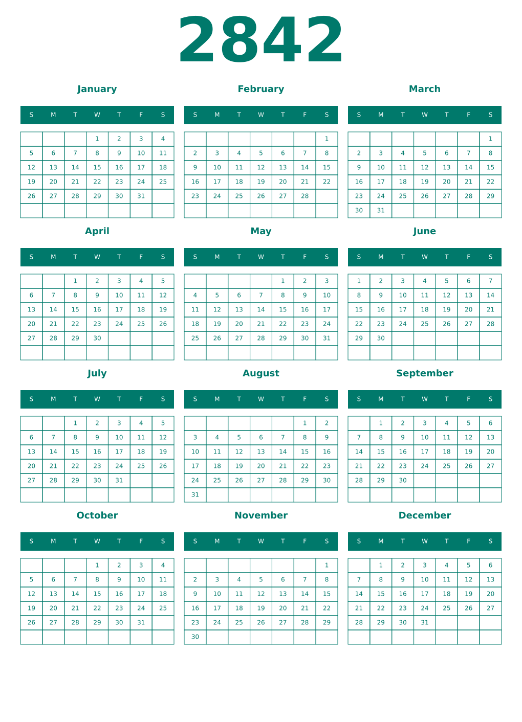 Printable 2842 Year Calendars pastel