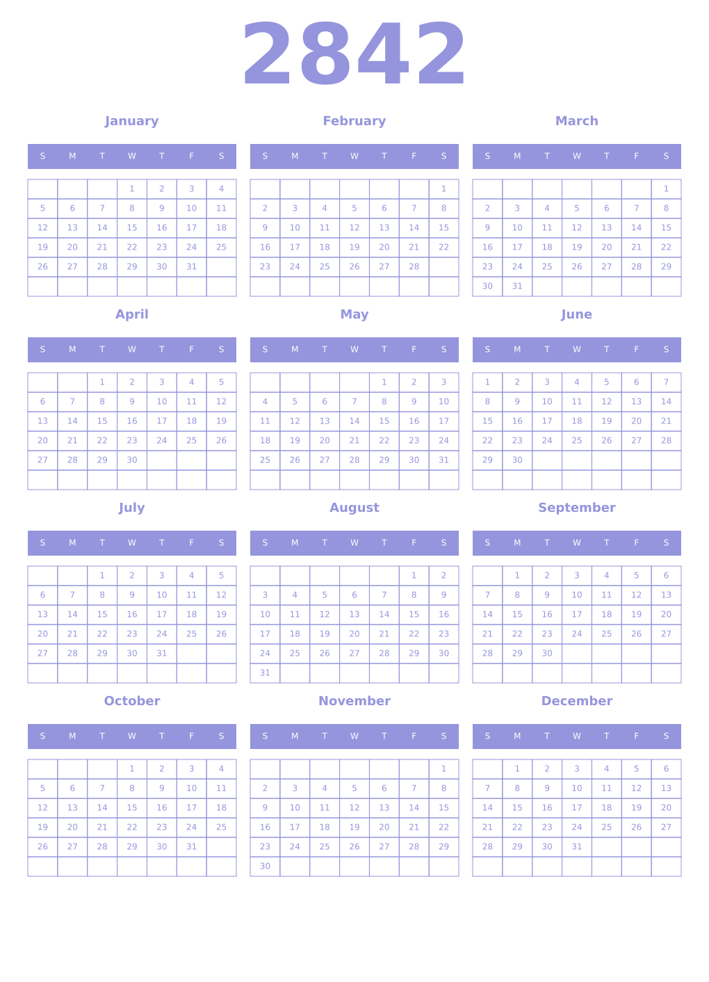 Printable 2842 Year Calendars periwinkle