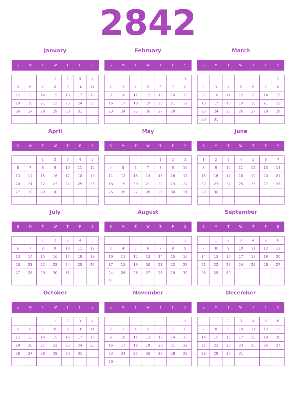 Printable 2842 Year Calendars purple