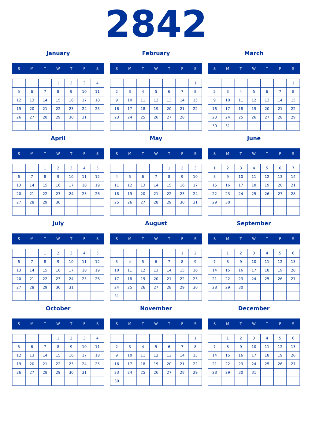 Printable 2842 Year Calendars smalt