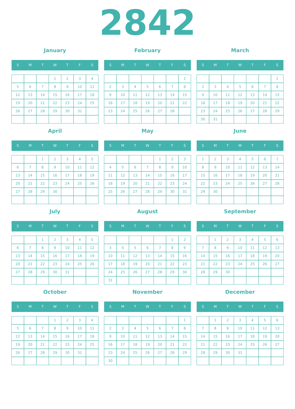 Printable 2842 Year Calendars verdigris
