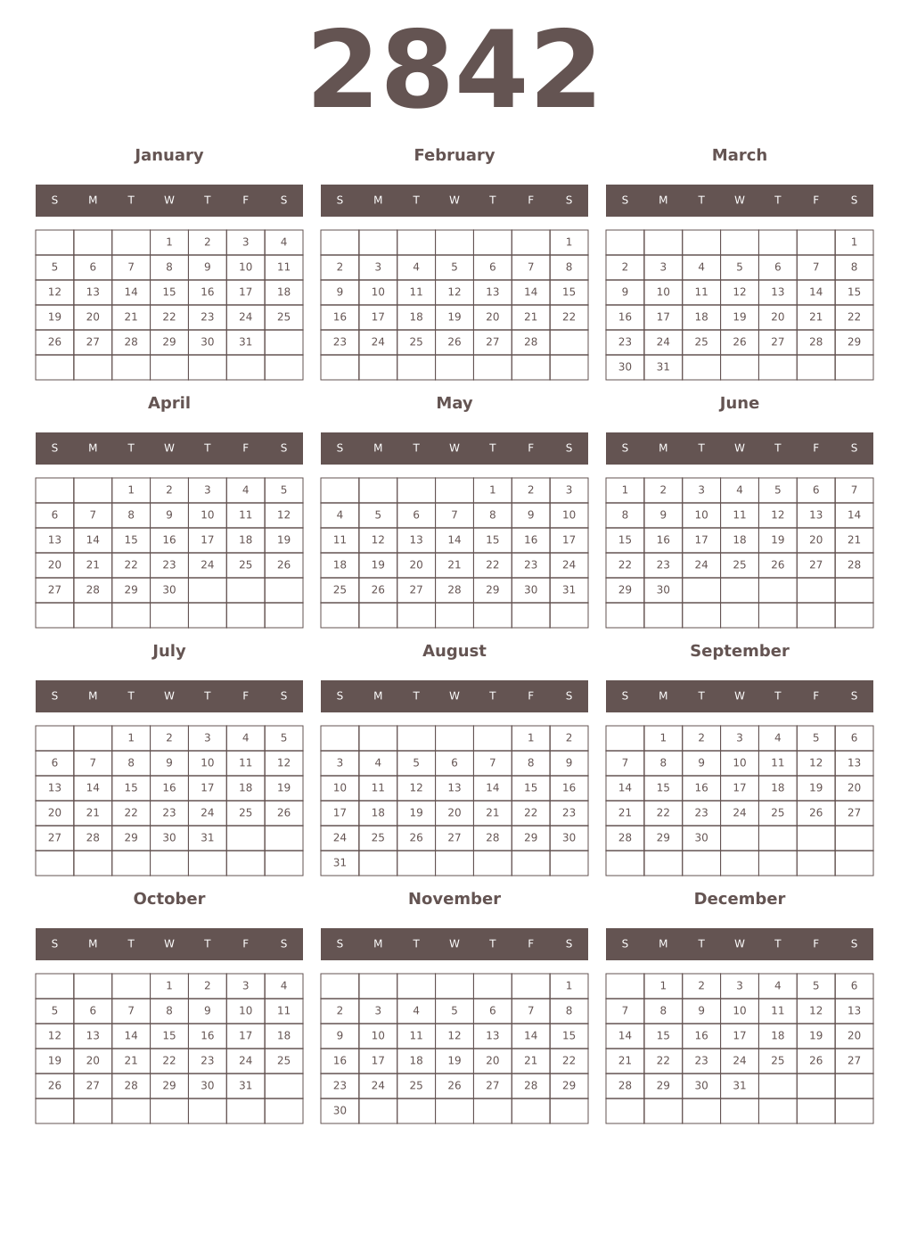 Printable 2842 Year Calendars wenge