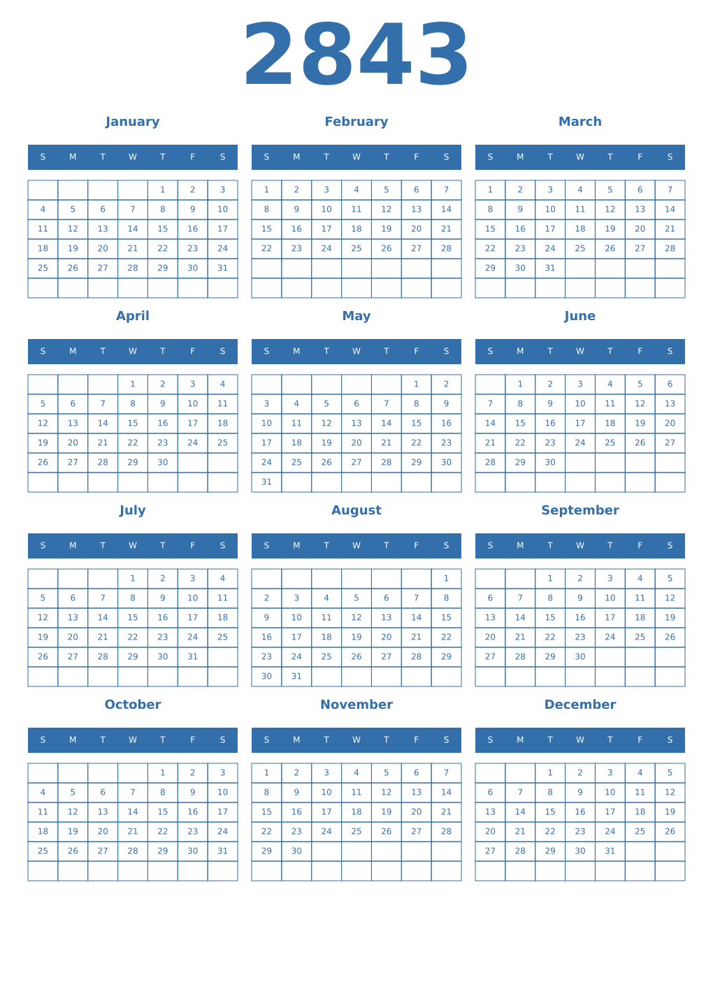 Printable 2843 Year Calendars blue
