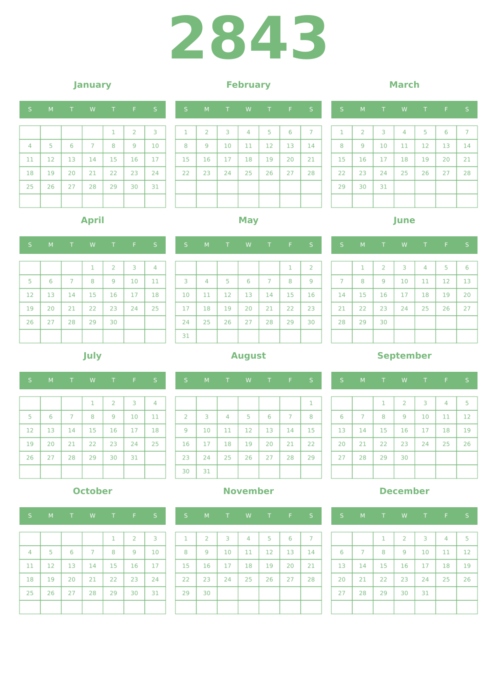 Printable 2843 Year Calendars celadon