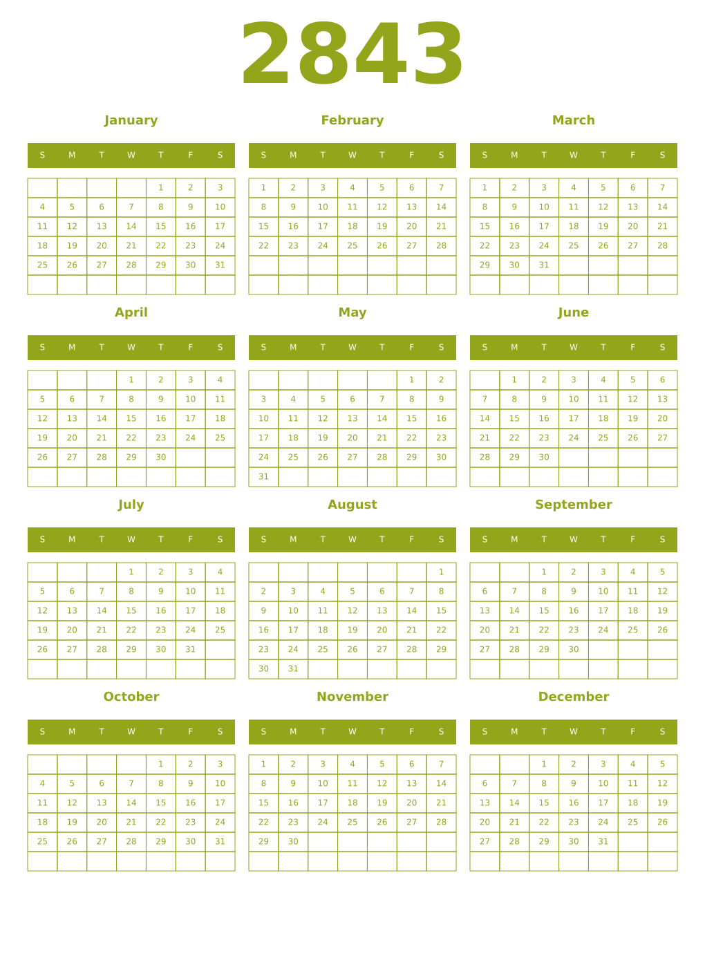 Printable 2843 Year Calendars chartreuse