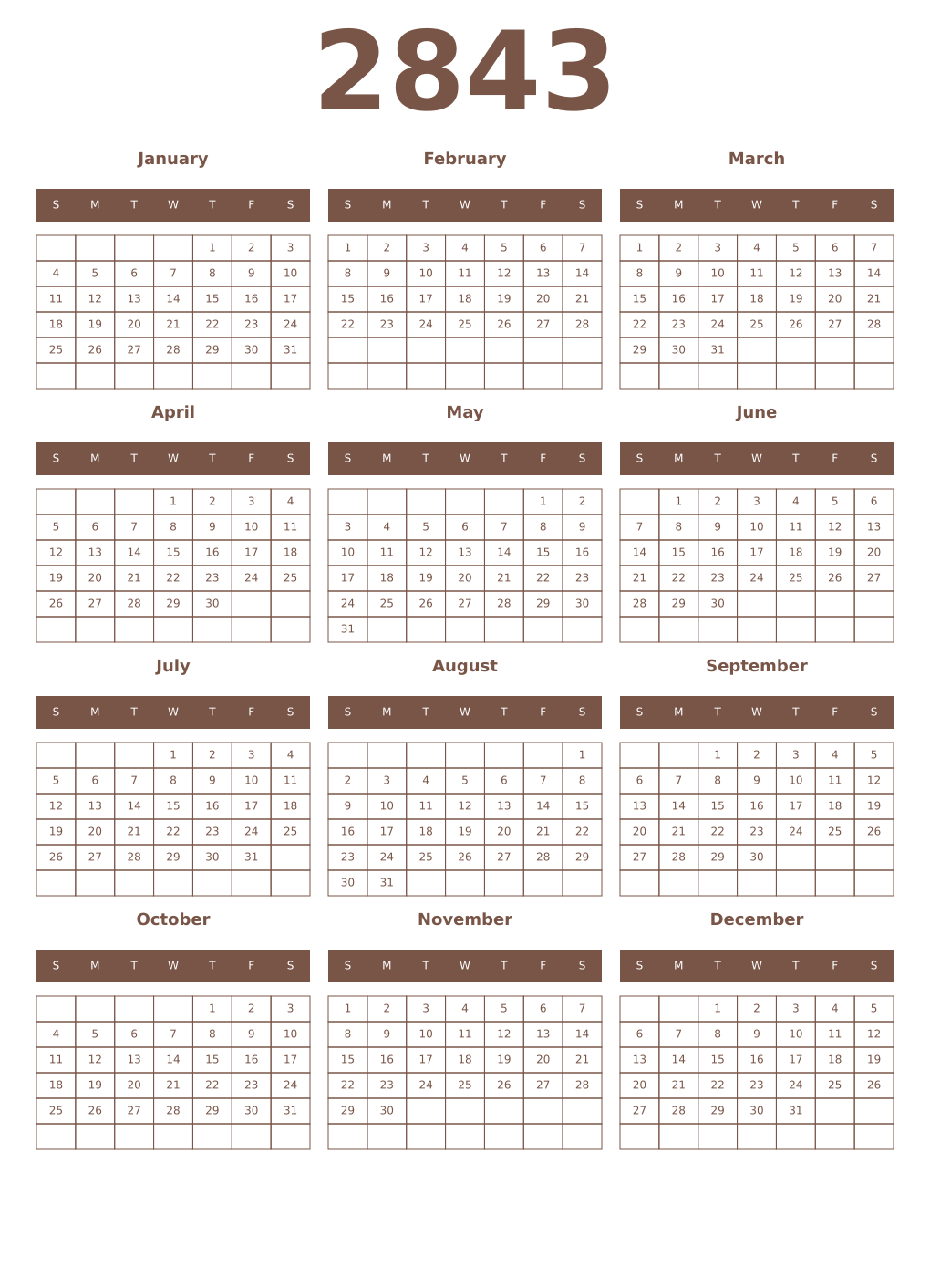 Printable 2843 Year Calendars coffe