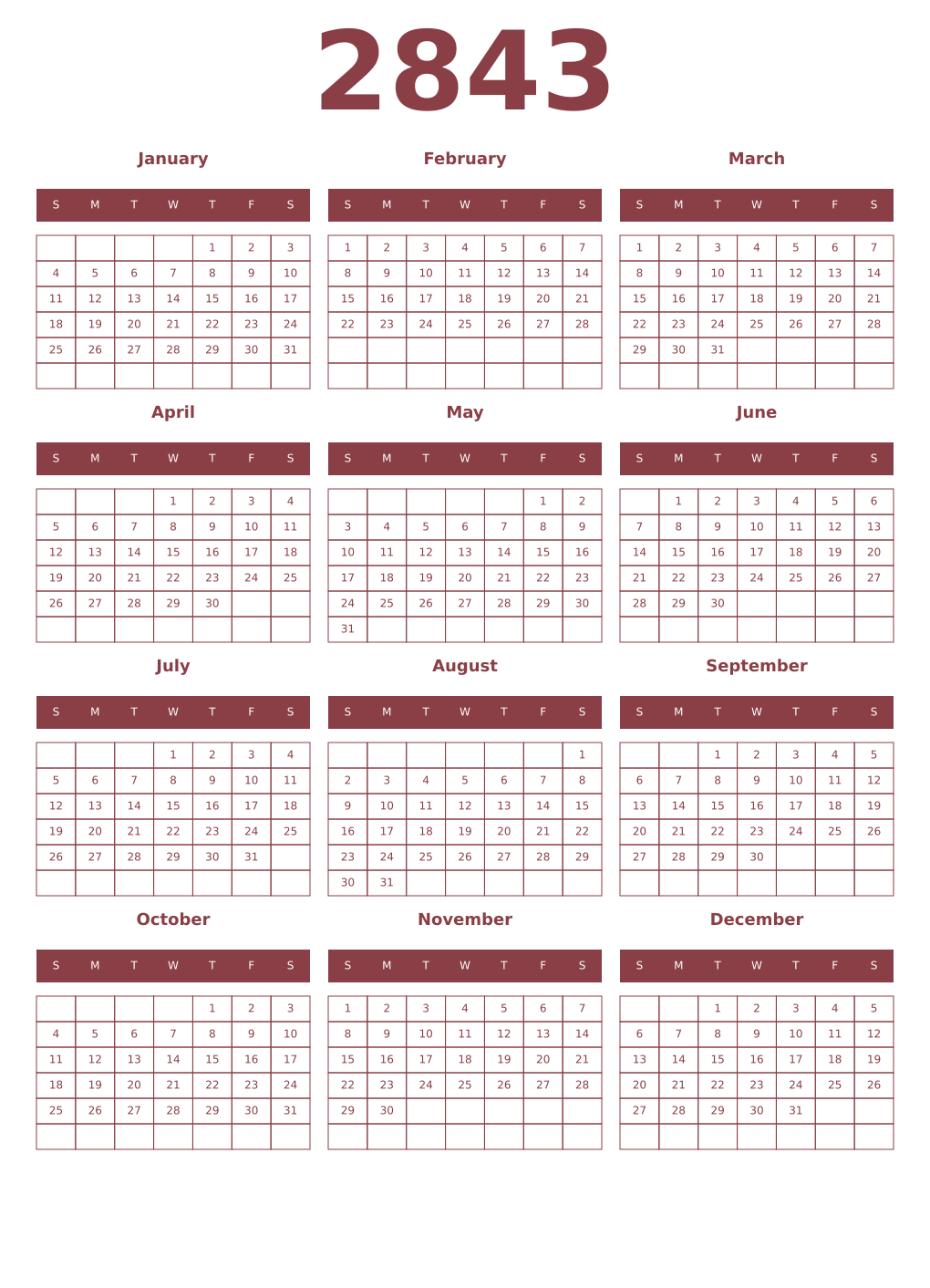 Printable 2843 Year Calendars cordovan