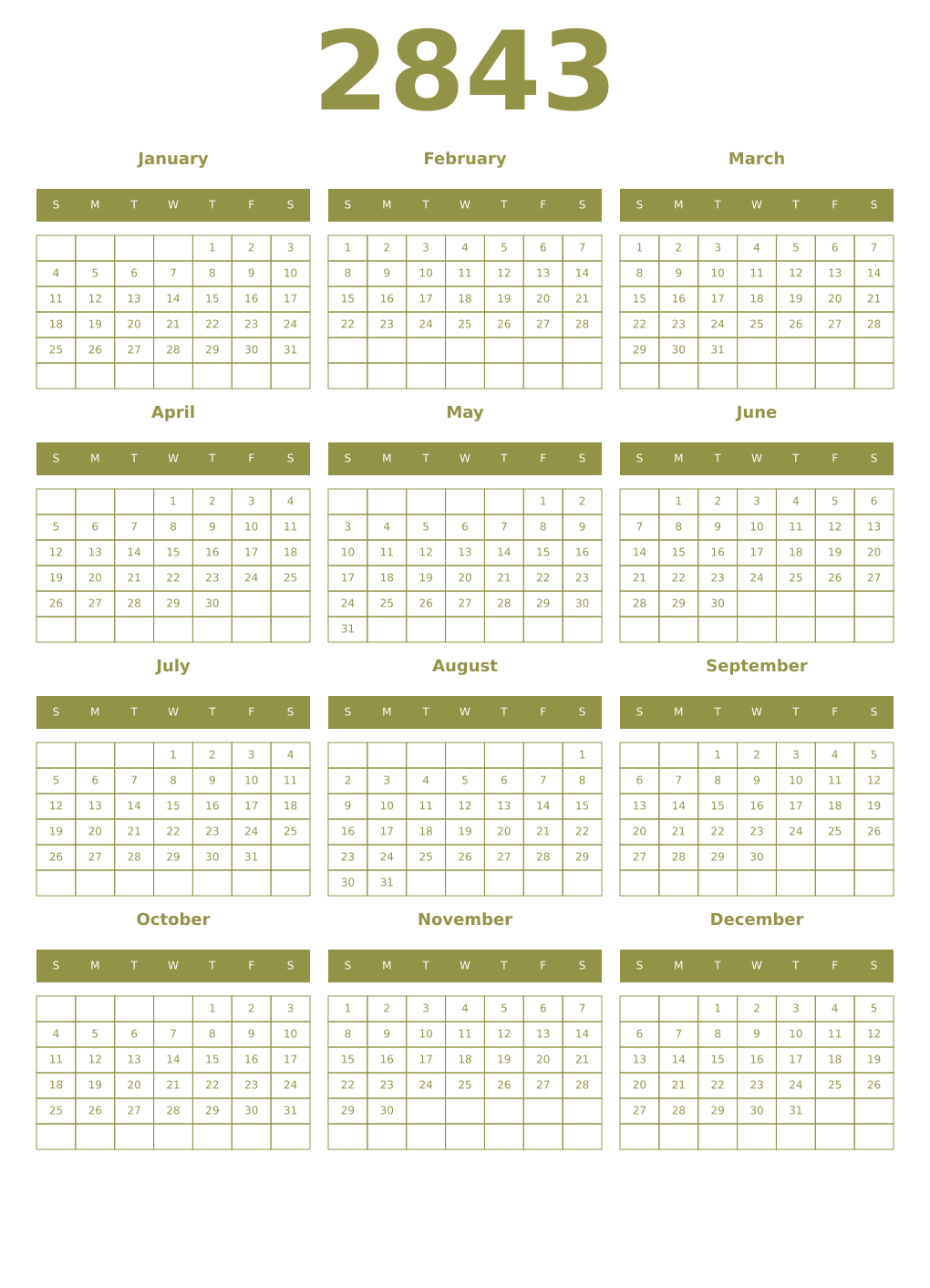 Printable 2843 Year Calendars eburnean
