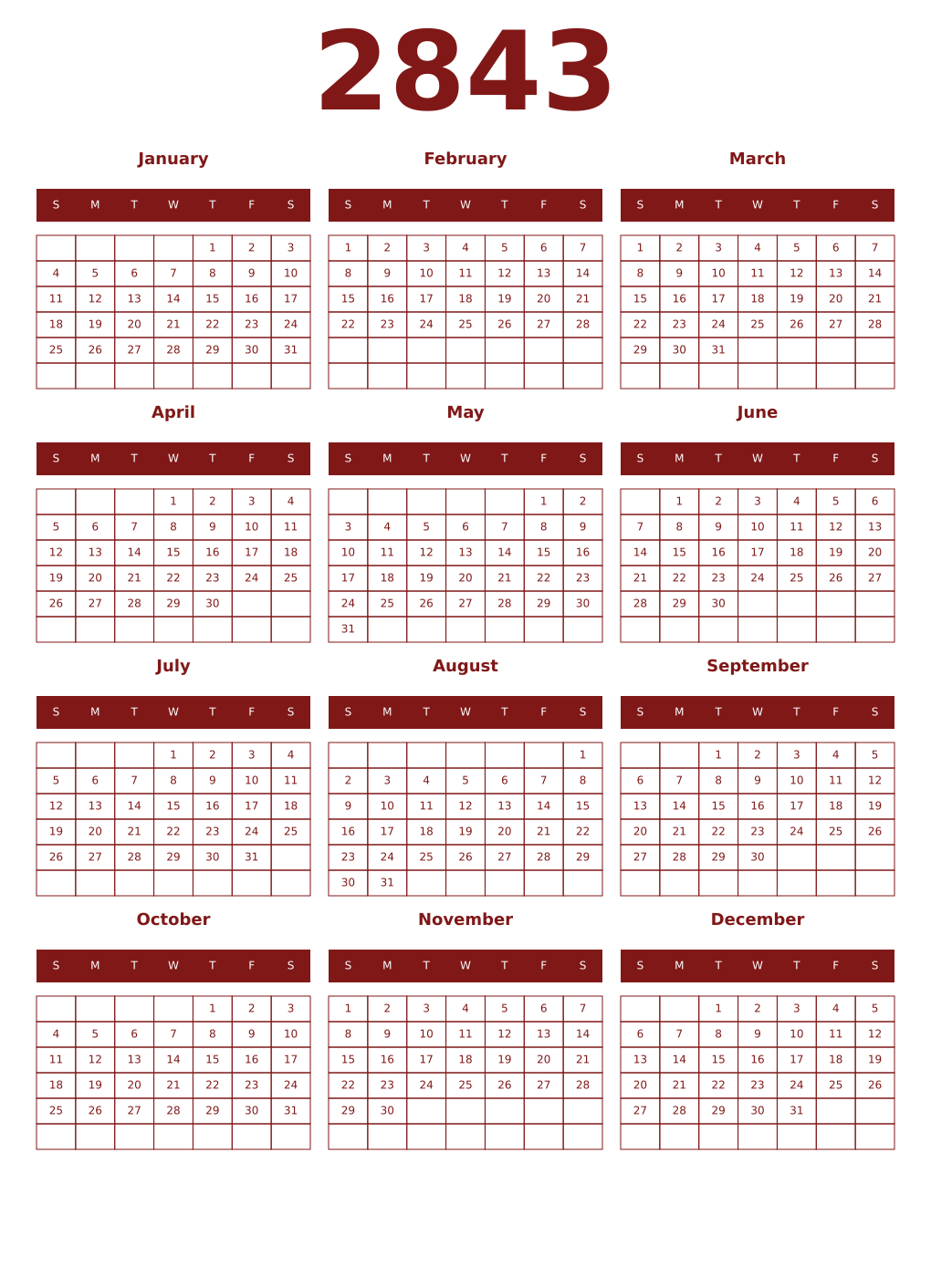 Printable 2843 Year Calendars falu