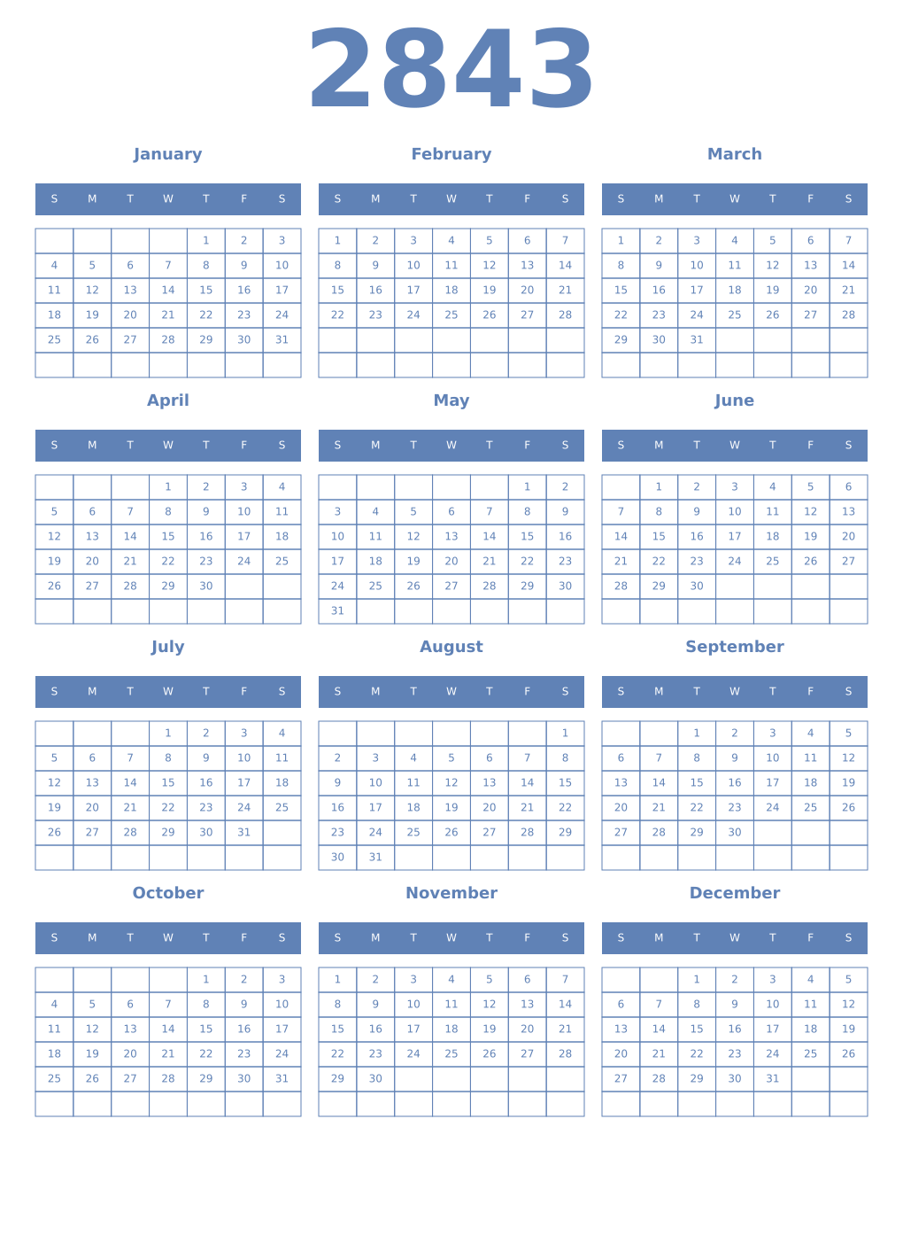 Printable 2843 Year Calendars glaucous