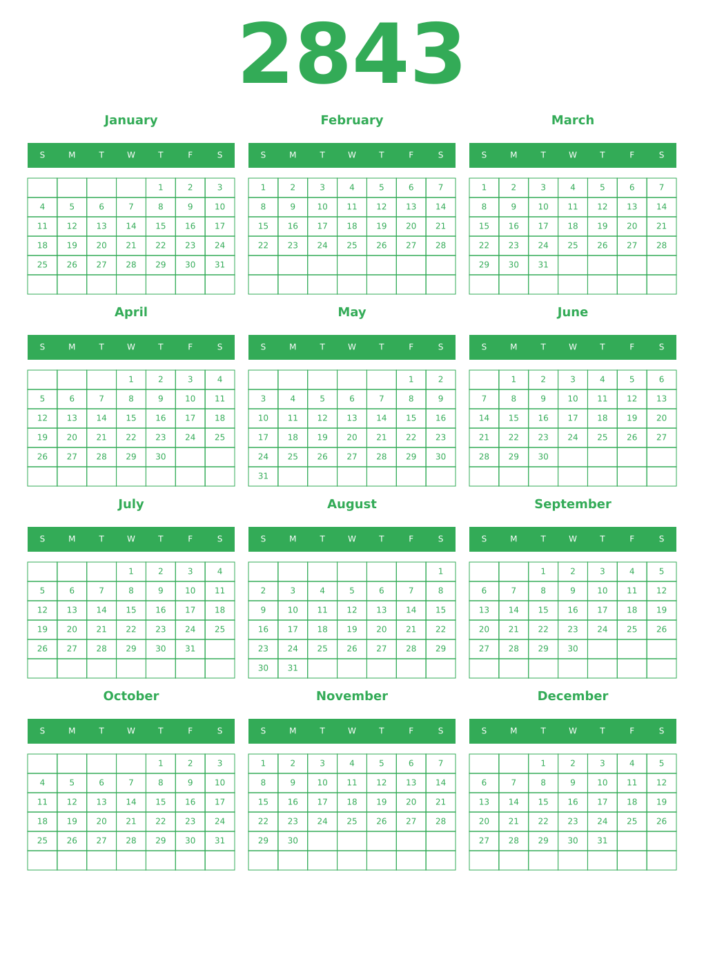 Printable 2843 Year Calendars green