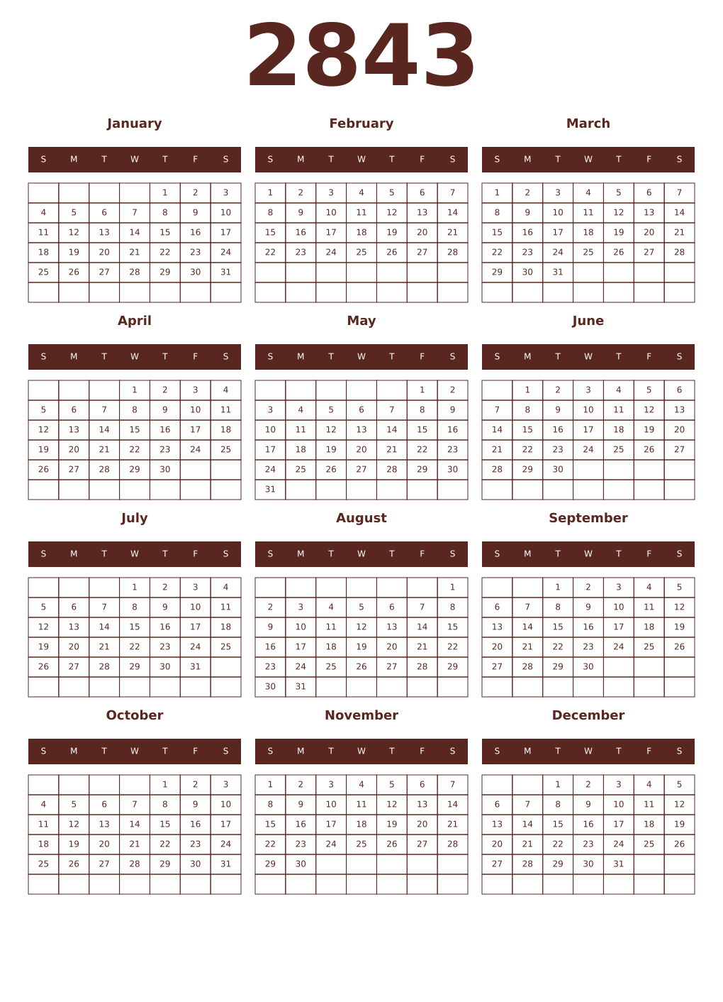 Printable 2843 Year Calendars mortuum