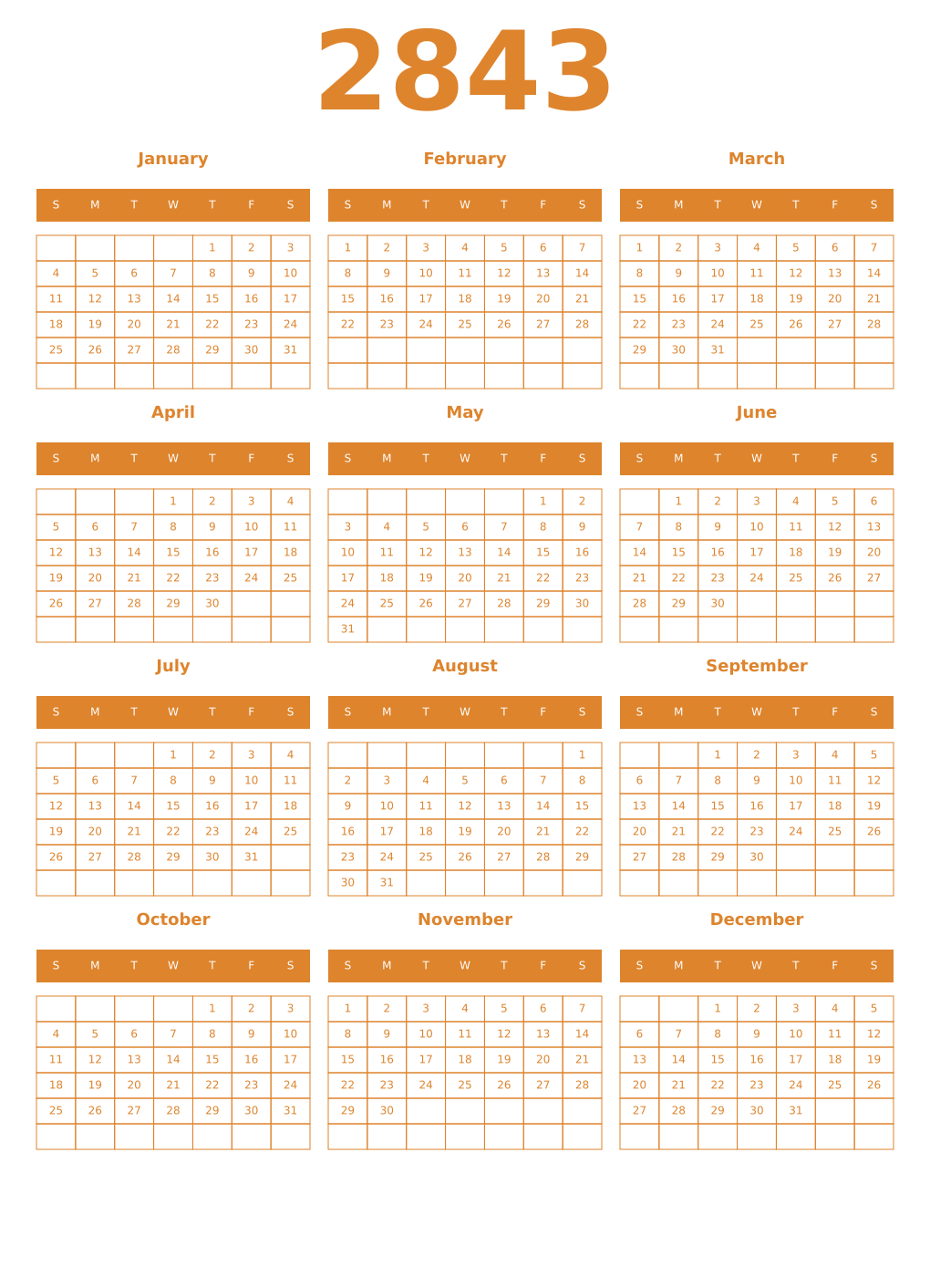 Printable 2843 Year Calendars orange