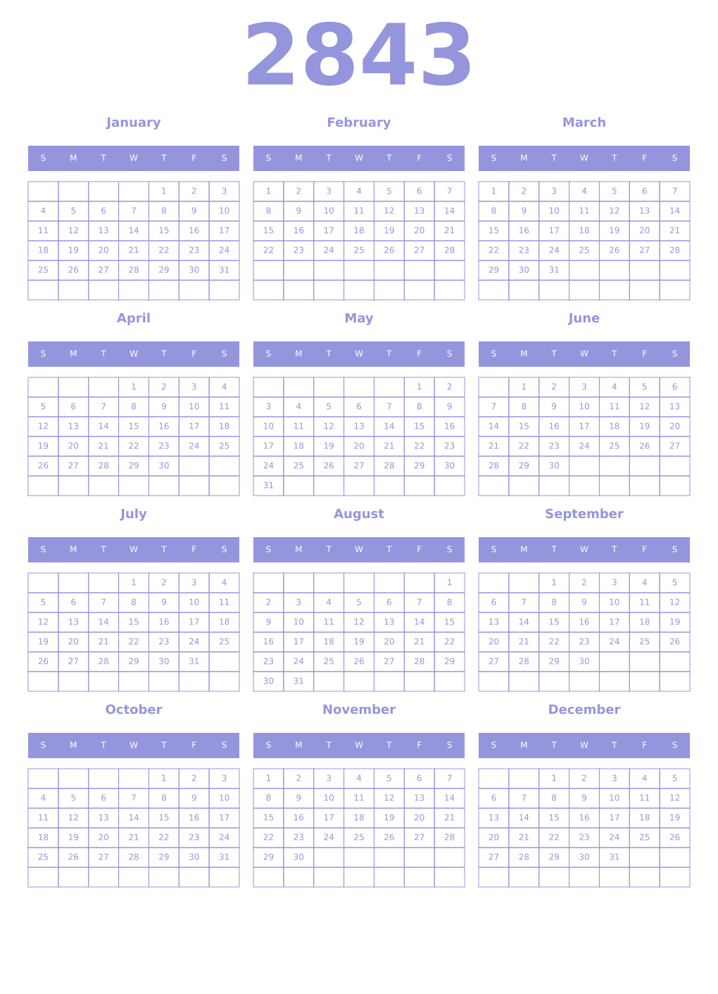 Printable 2843 Year Calendars periwinkle