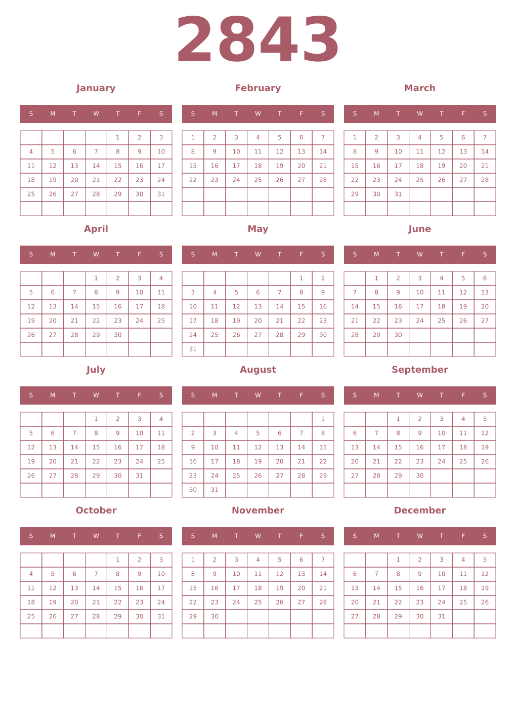 Printable 2843 Year Calendars puce